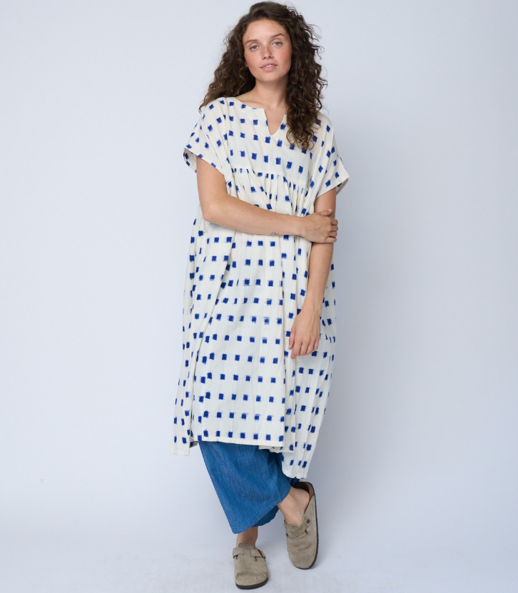 Meadow Dress - Ikat Squares Cobalt