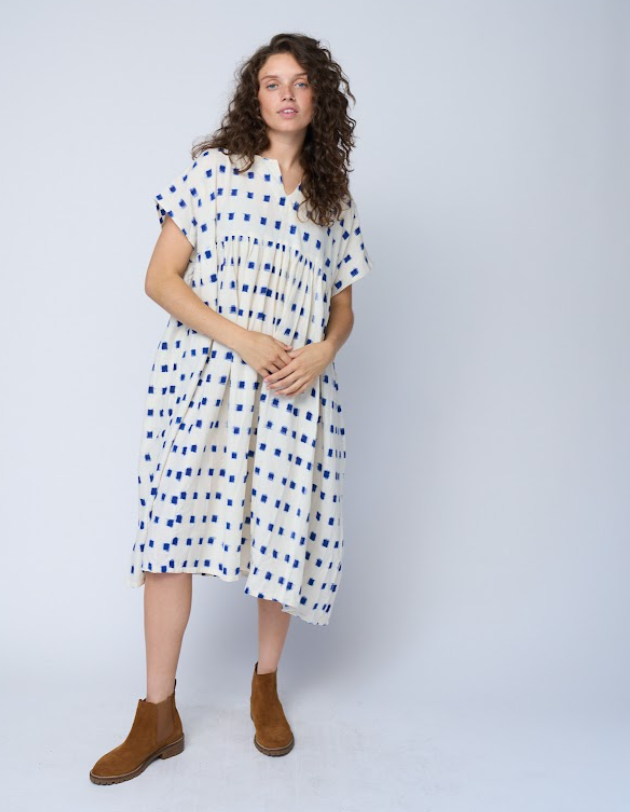 Meadow Dress - Ikat Squares Cobalt