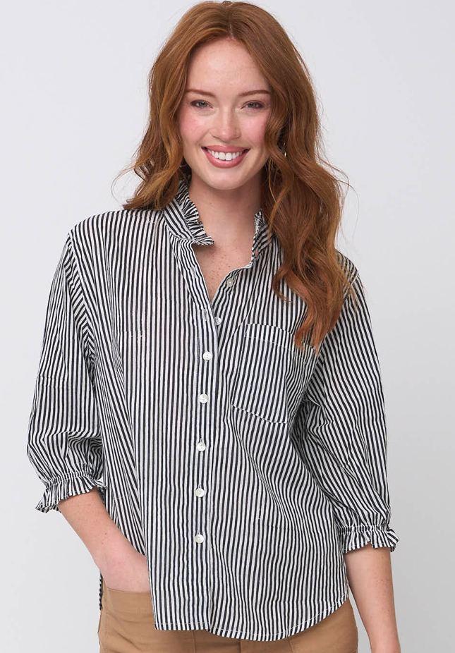 Good Girlfriend Shirt with Ruffle Trim Menswear Stripe Black
