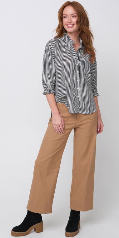 Good Girlfriend Shirt with Ruffle Trim Menswear Stripe Black