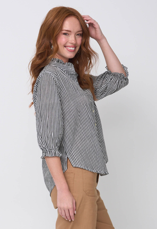 Good Girlfriend Shirt with Ruffle Trim Menswear Stripe Black