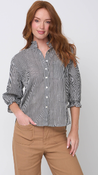 Good Girlfriend Shirt with Ruffle Trim Menswear Stripe Black