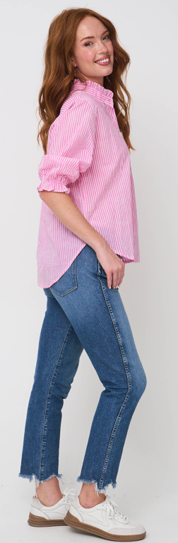 Good Girlfriend Shirt with Ruffle Trim Menswear Stripe Dahlia