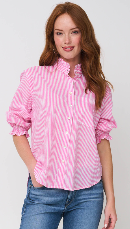 Good Girlfriend Shirt with Ruffle Trim Menswear Stripe Dahlia
