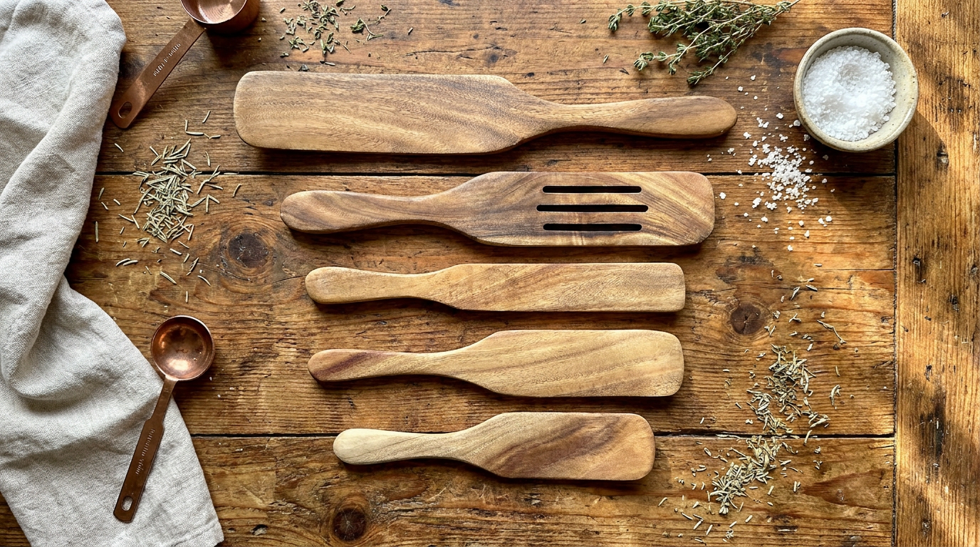 Five Oaks Farm teak spurtles — five sizes of wooden kitchen utensil