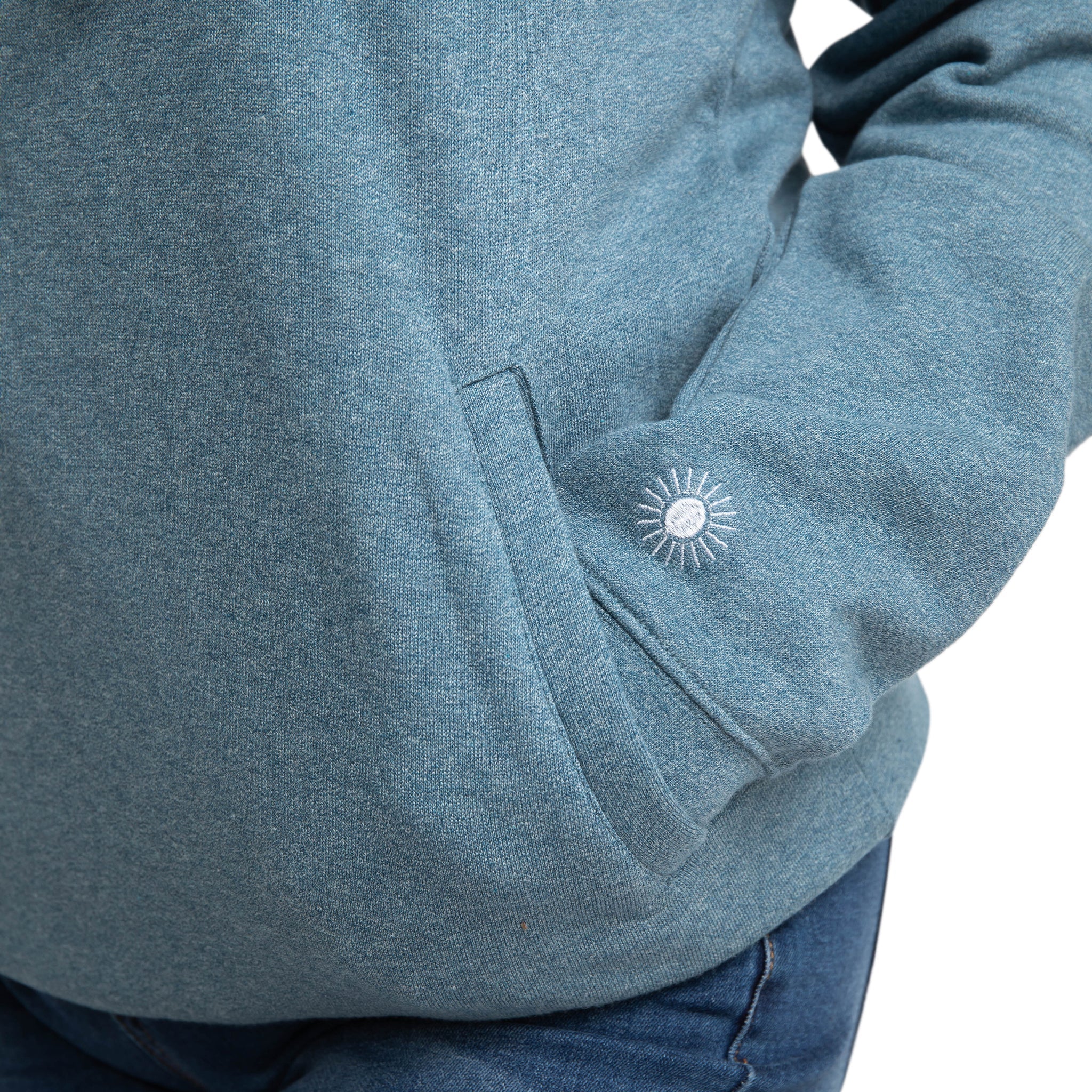 Denim blue hoodie with sunshine embroidery — Conscious Step