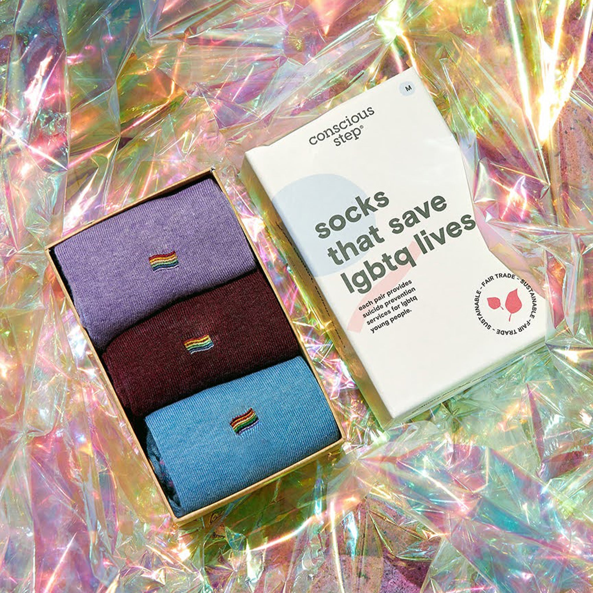 Socks that Save LGBTQ Lives 3-pack — organic cotton socks with rainbow flag embroidery, gives back