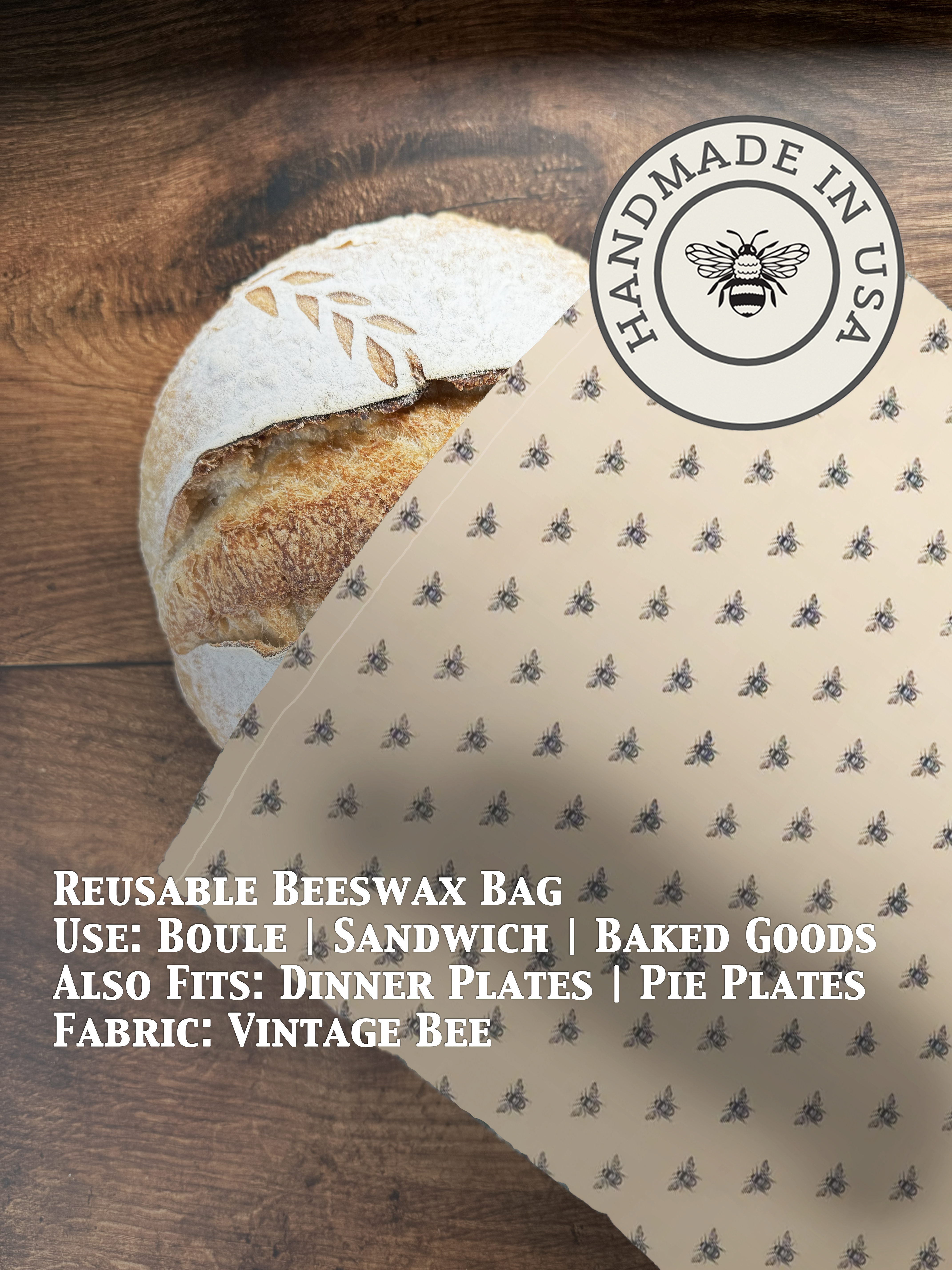 Beeswax bread bag in Vintage Bee print — organic cotton, plastic-free