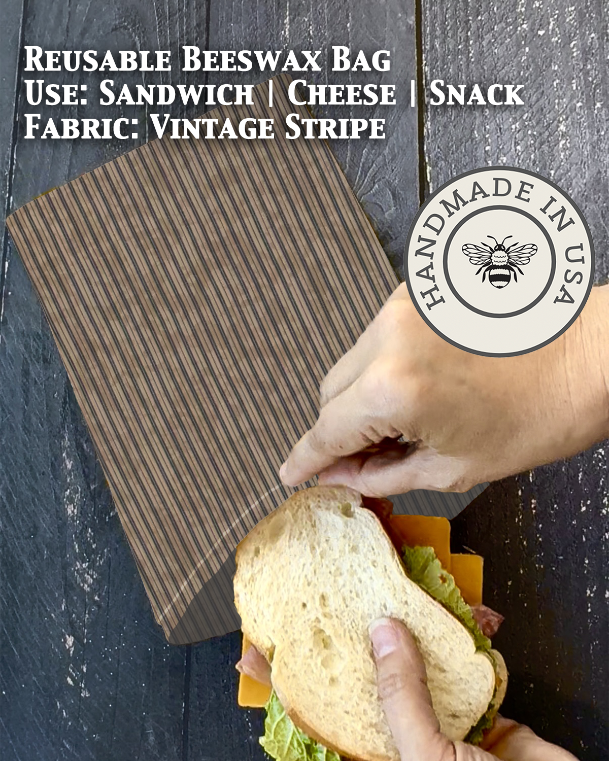 Beeswax snack bag in Vintage Stripe print — organic cotton, plastic-free