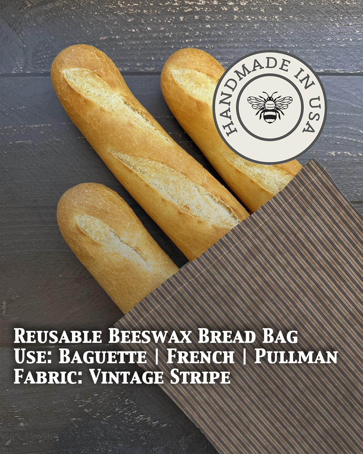 Beeswax baguette bag in Vintage Stripe print — organic cotton, plastic-free