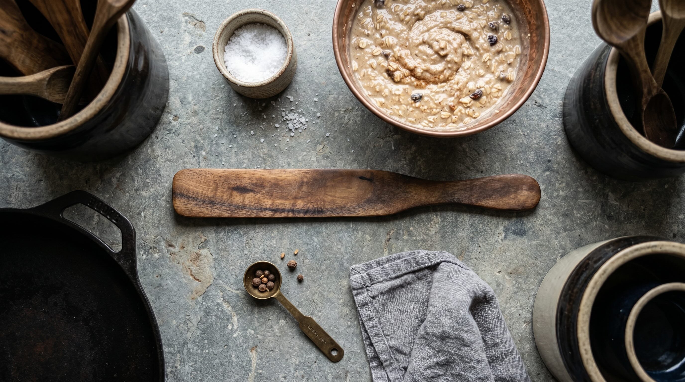 Teak spurtle in use stirring in a pan — Five Oaks Farm