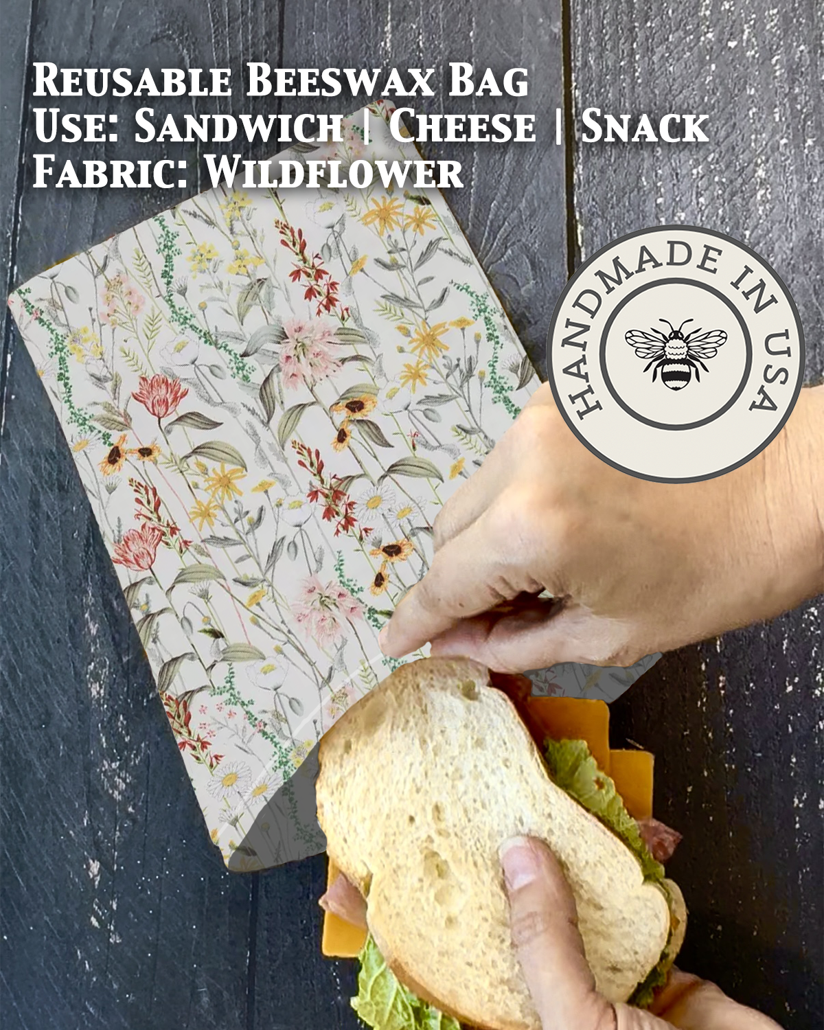 Beeswax snack bag in Wildflowers print — organic cotton, plastic-free