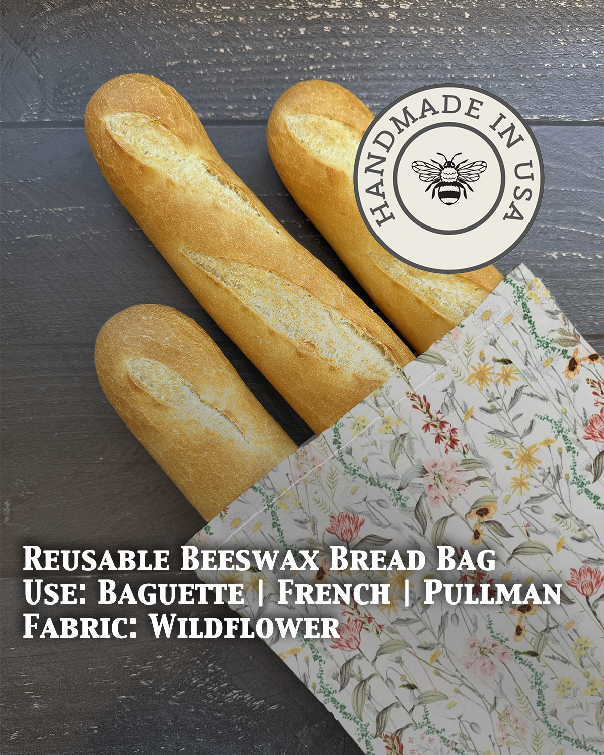 Beeswax baguette bag in Wildflowers print — organic cotton, plastic-free