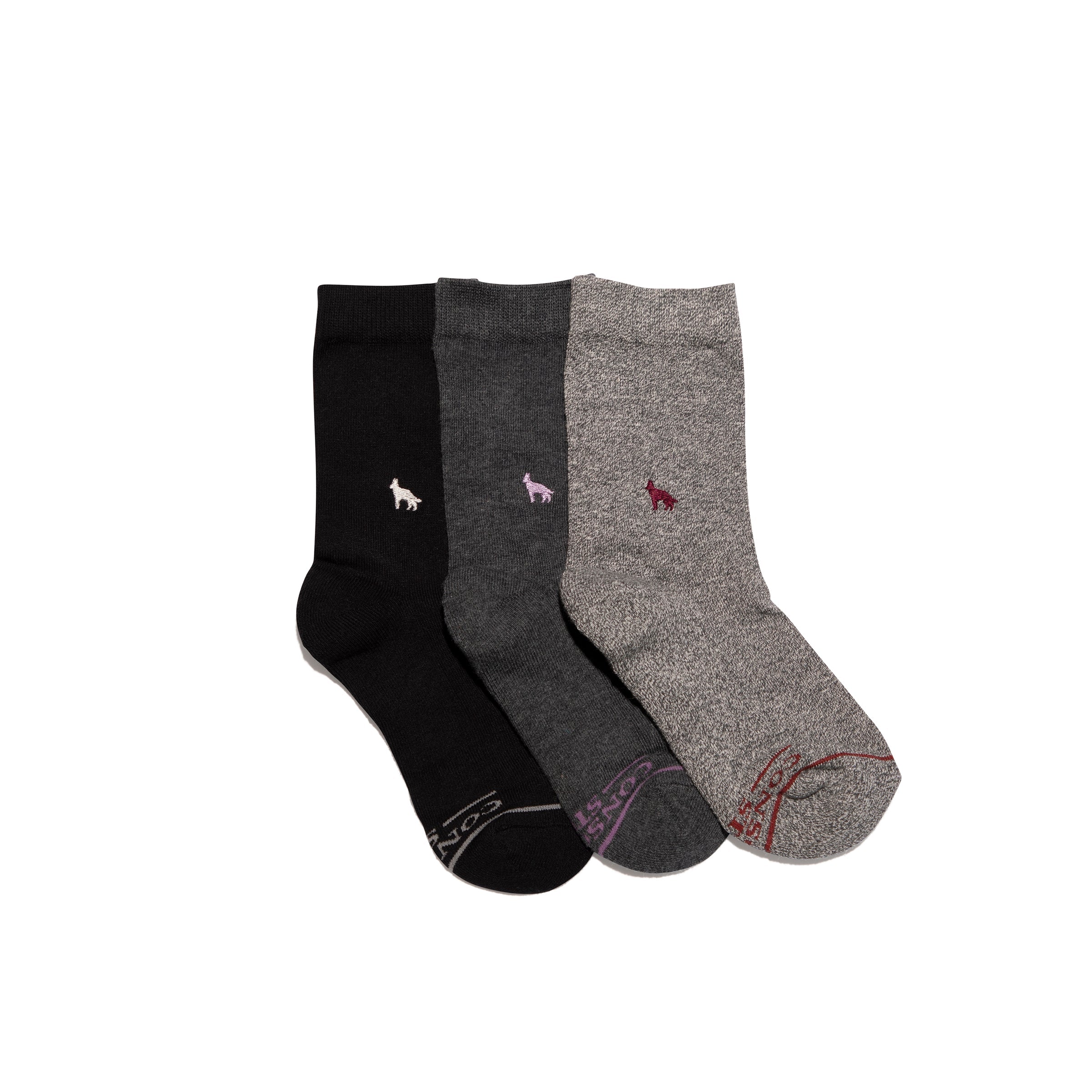 Kids Socks that Save Dogs gift box — soft organic cotton kids' socks in black & gray, dog embroidery