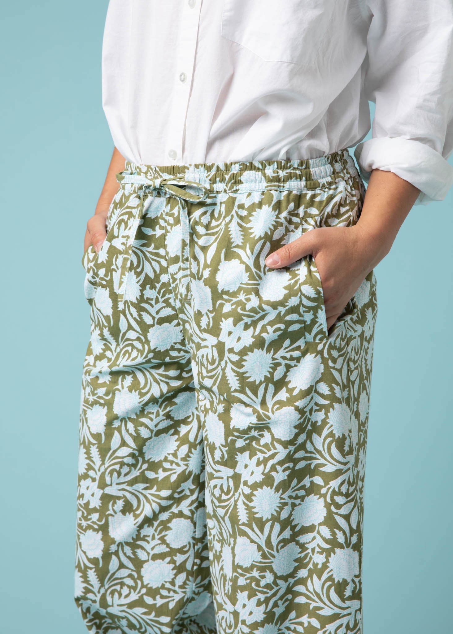 Shore Pant - Floral Escape in Olive Oil & Cerulean