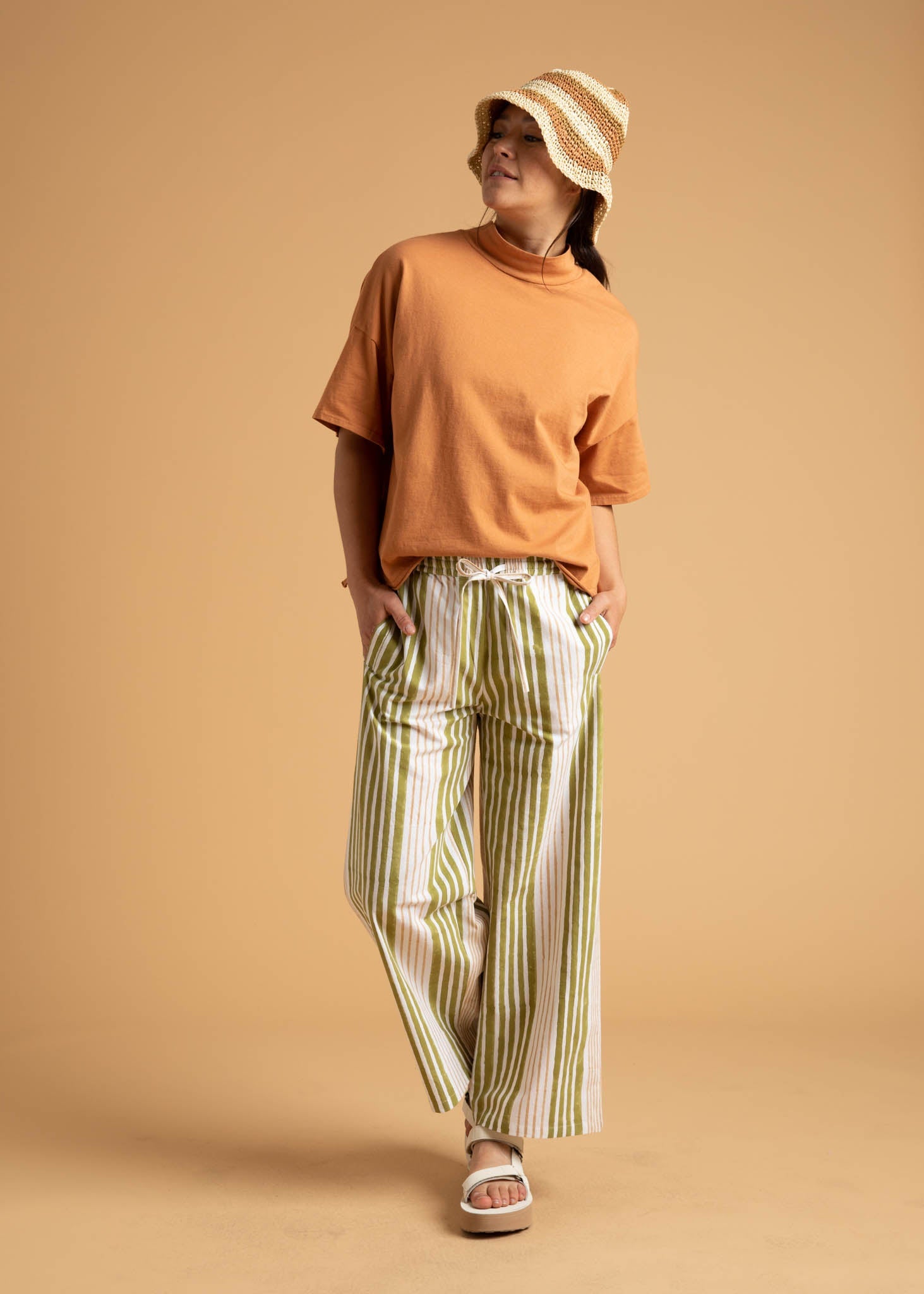 Shore Pant - Mixed Up Stripe Baked Clay & Olive Oil