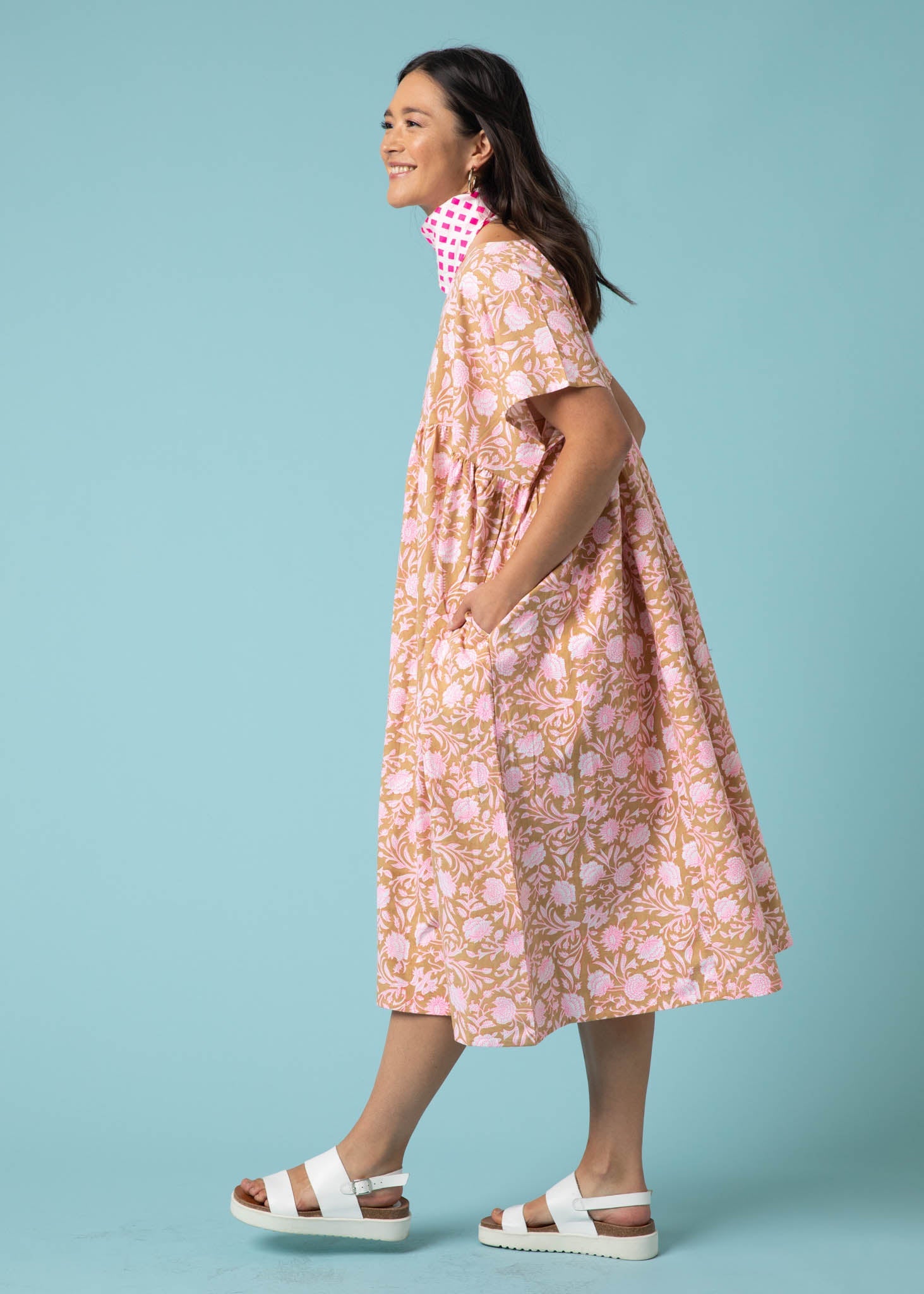 Meadow Dress - Floral Escape in Baked Clay & Neon Pink