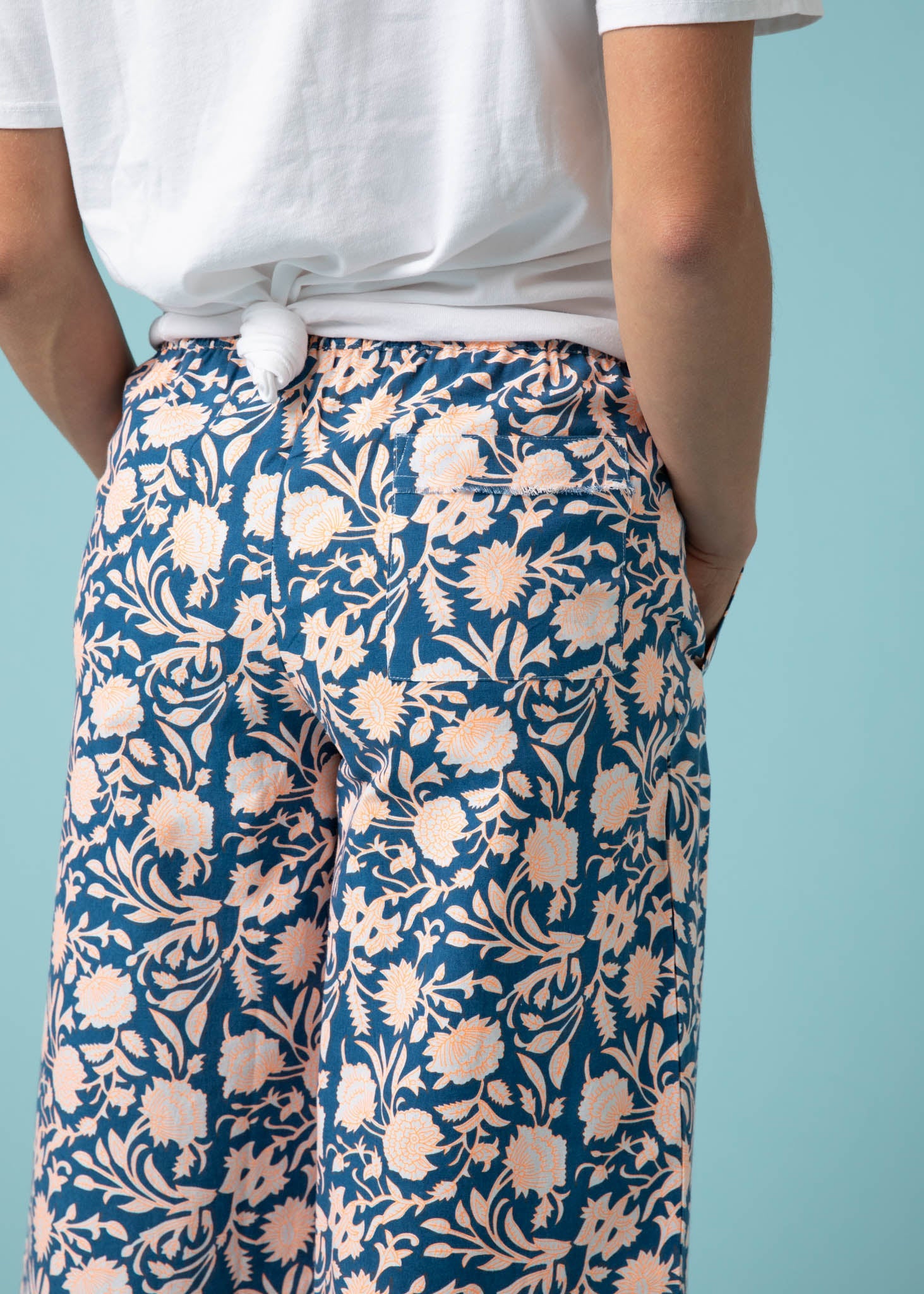 Shore Pant - Floral Escape in True Navy & Neon Peach
