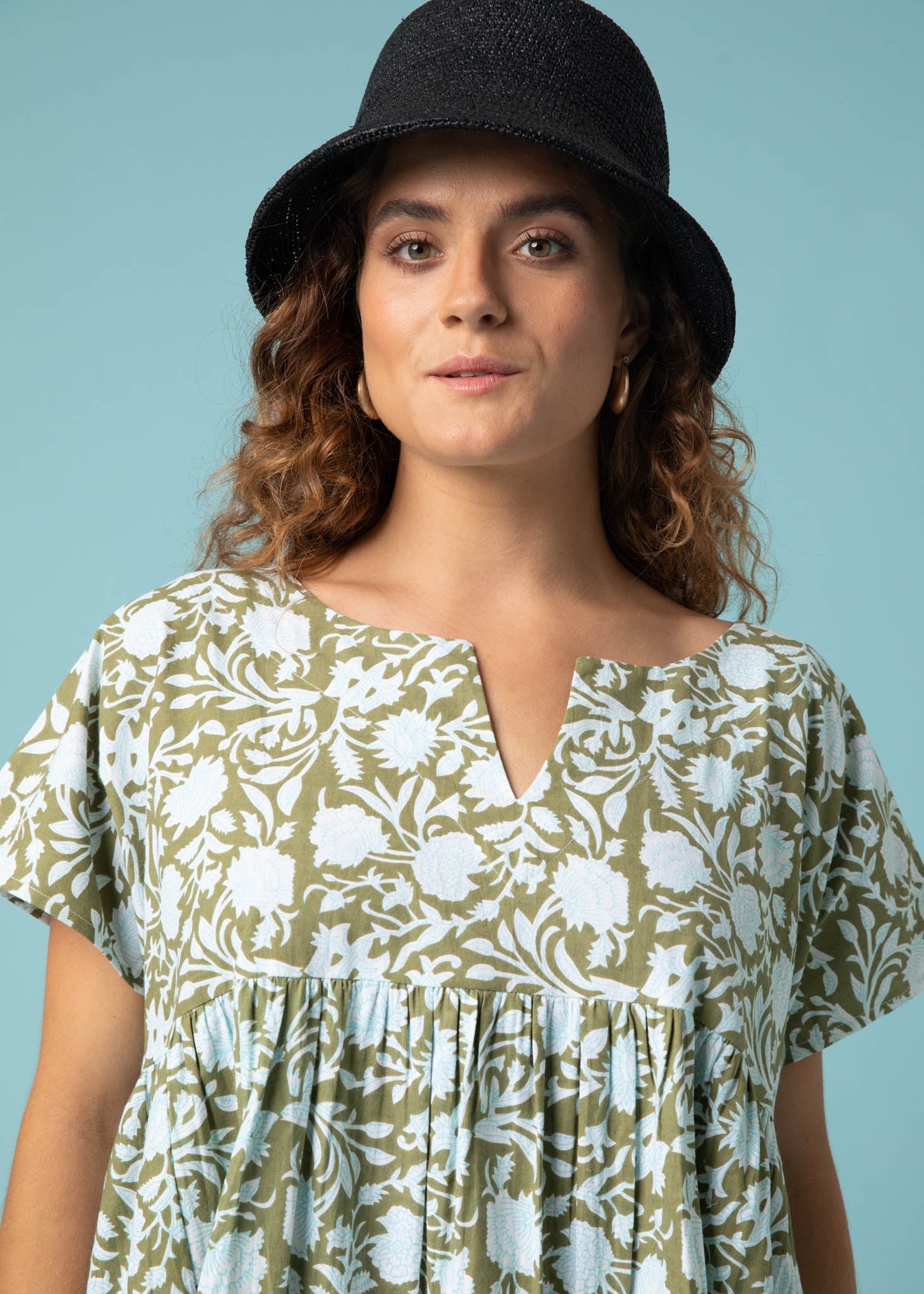 Meadow Dress - Floral Escape in Olive Oil & Cerulean