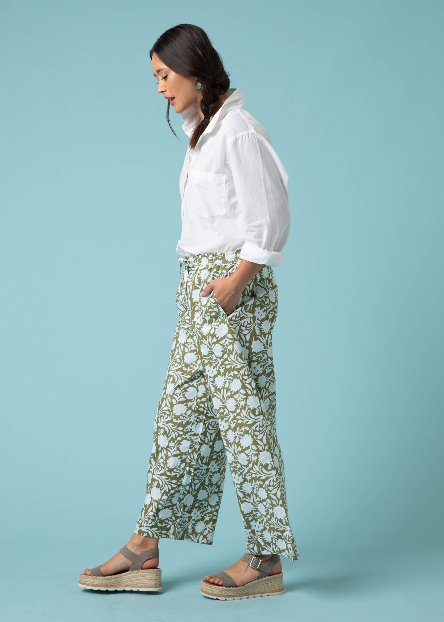 Shore Pant - Floral Escape in Olive Oil & Cerulean