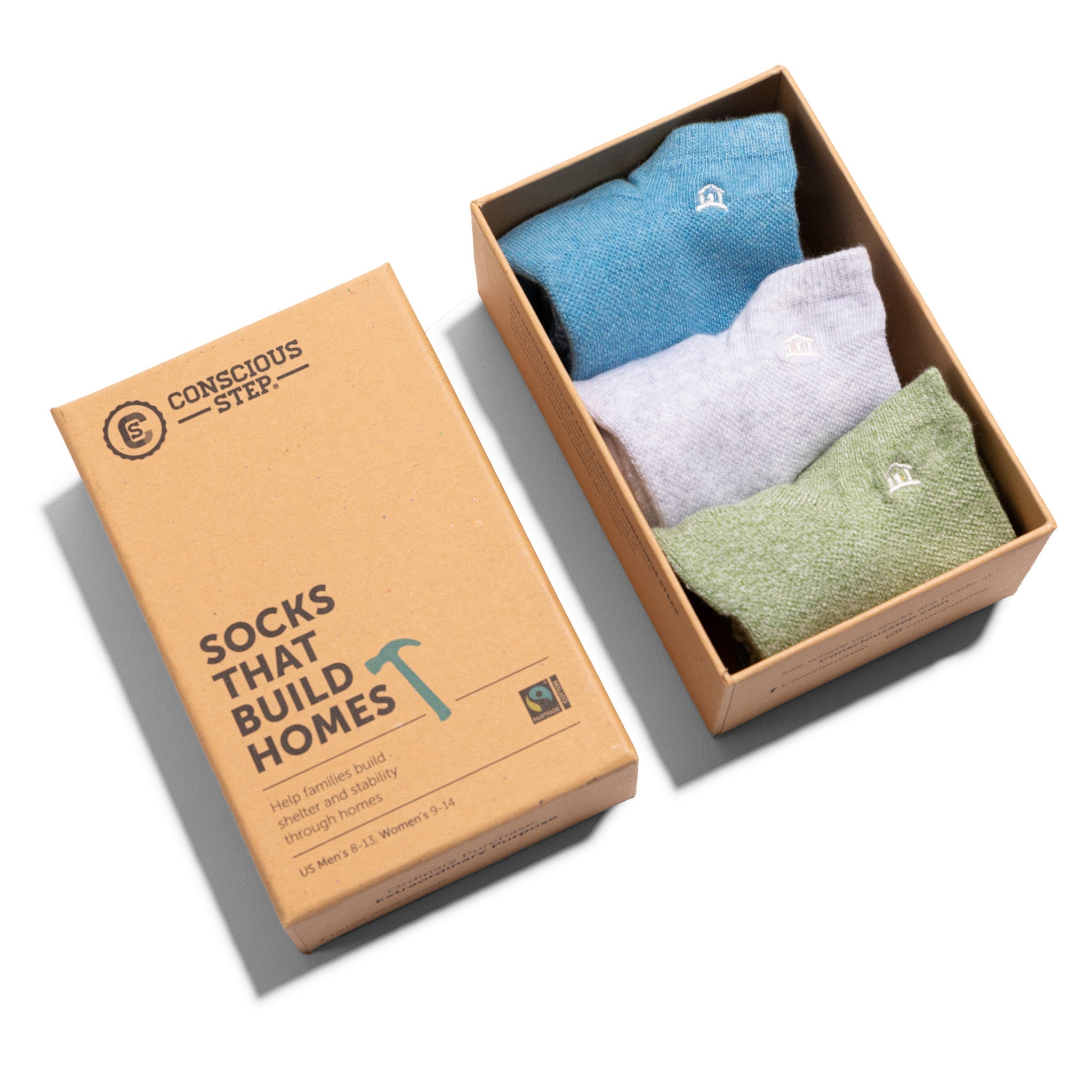 Socks that Build Homes 3-pack — organic cotton ankle socks in green, blue & heather gray