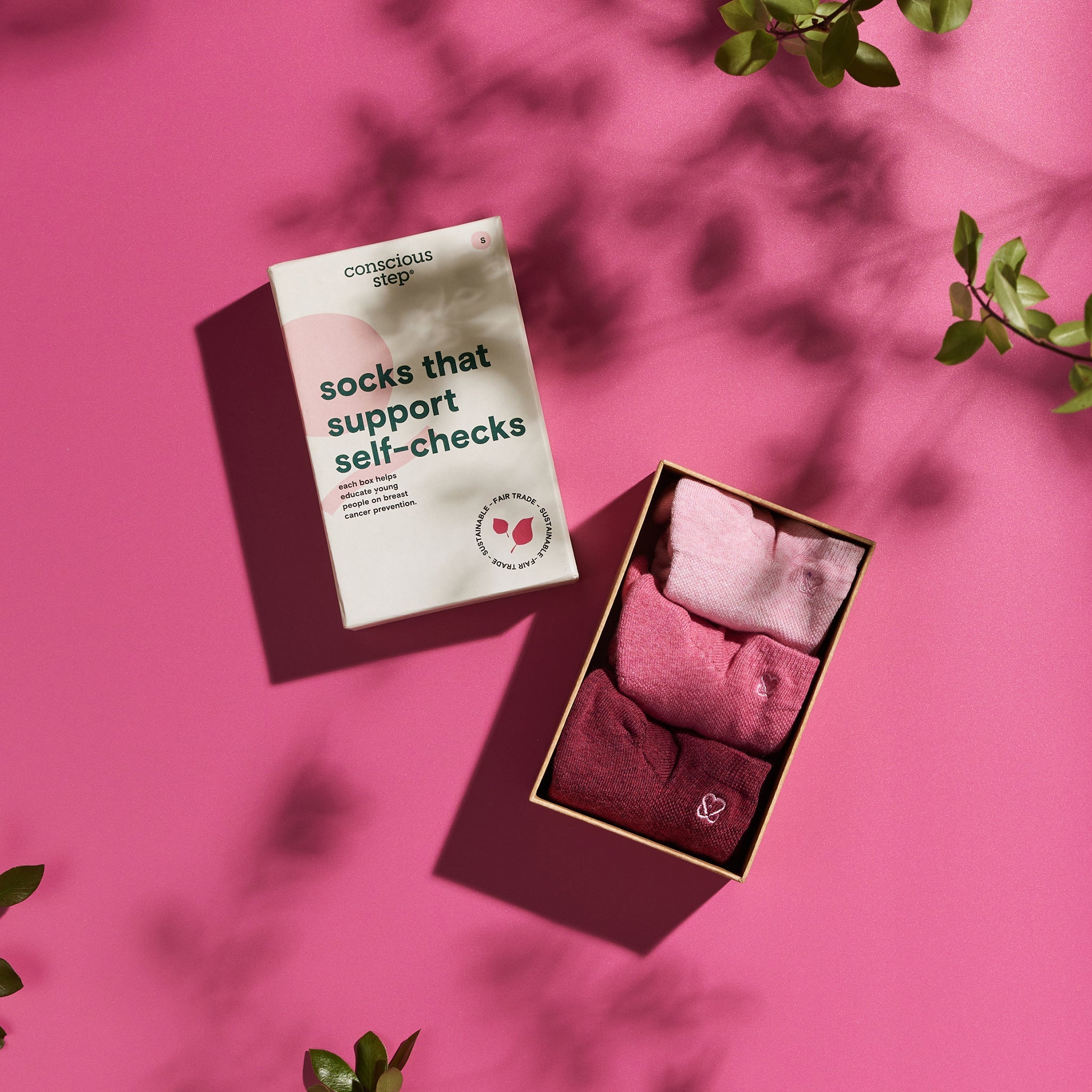 Socks that Support Self-Checks 3-pack — organic cotton ankle socks in pink tones, heart embroidery, gives back