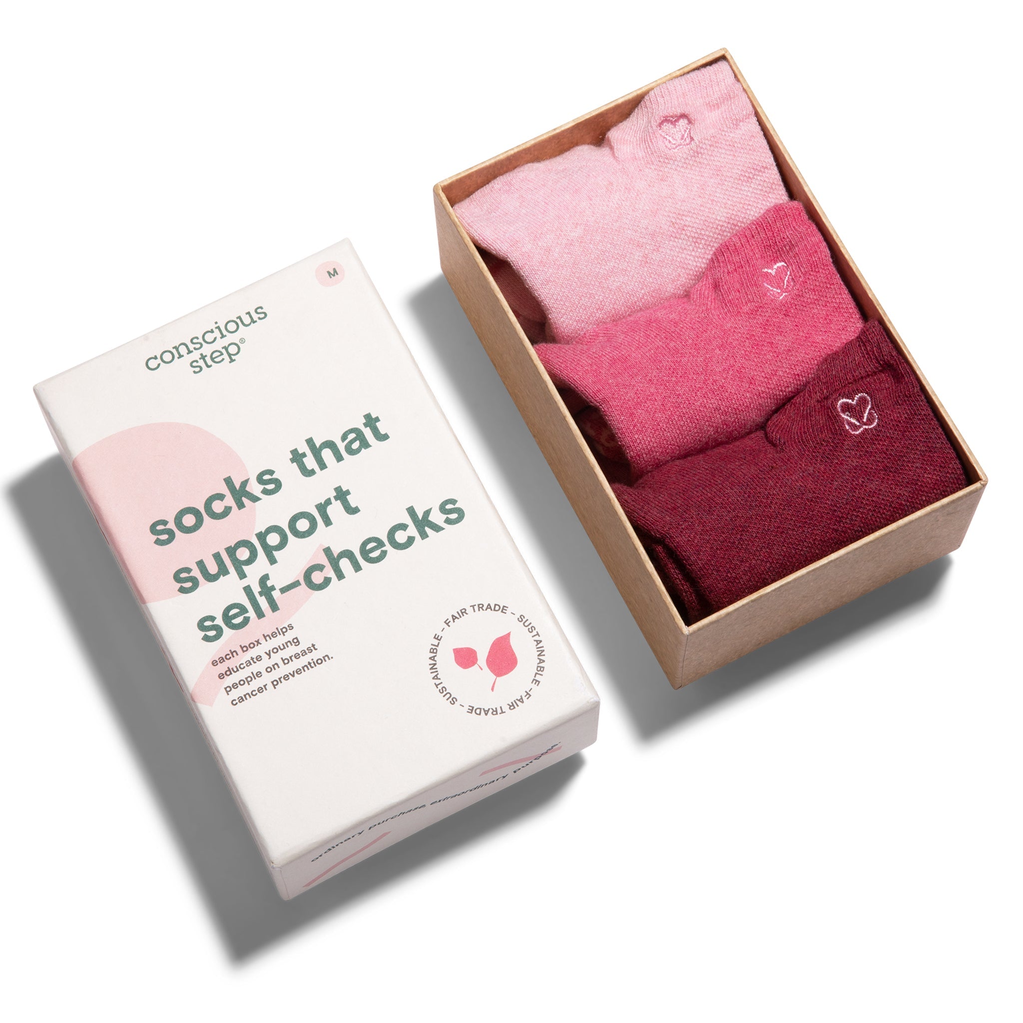 Socks that Support Self-Checks 3-pack — organic cotton ankle socks in pink tones, heart embroidery, gives back