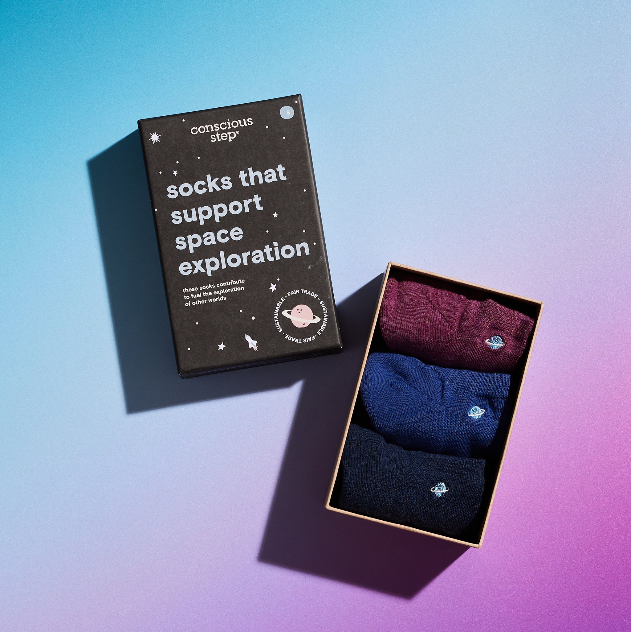 Socks that Support Space Exploration 3-pack — organic cotton ankle socks in black, navy & maroon