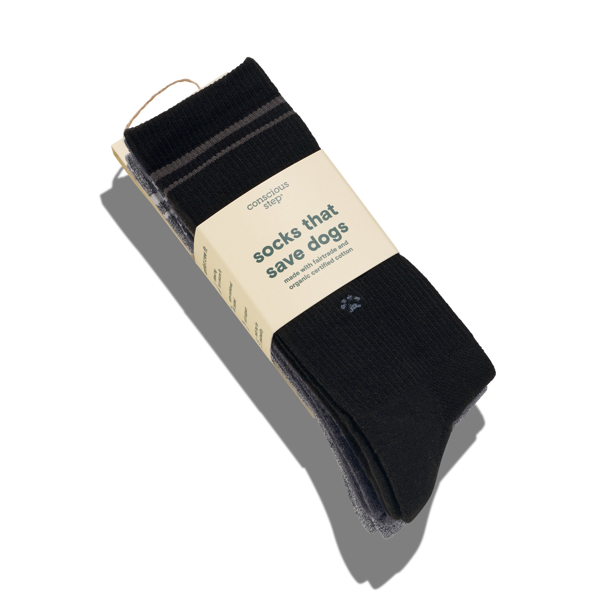Comfort Crew Socks that Save Dogs — ribbed organic cotton crew socks in gray & black, paw print embroidery