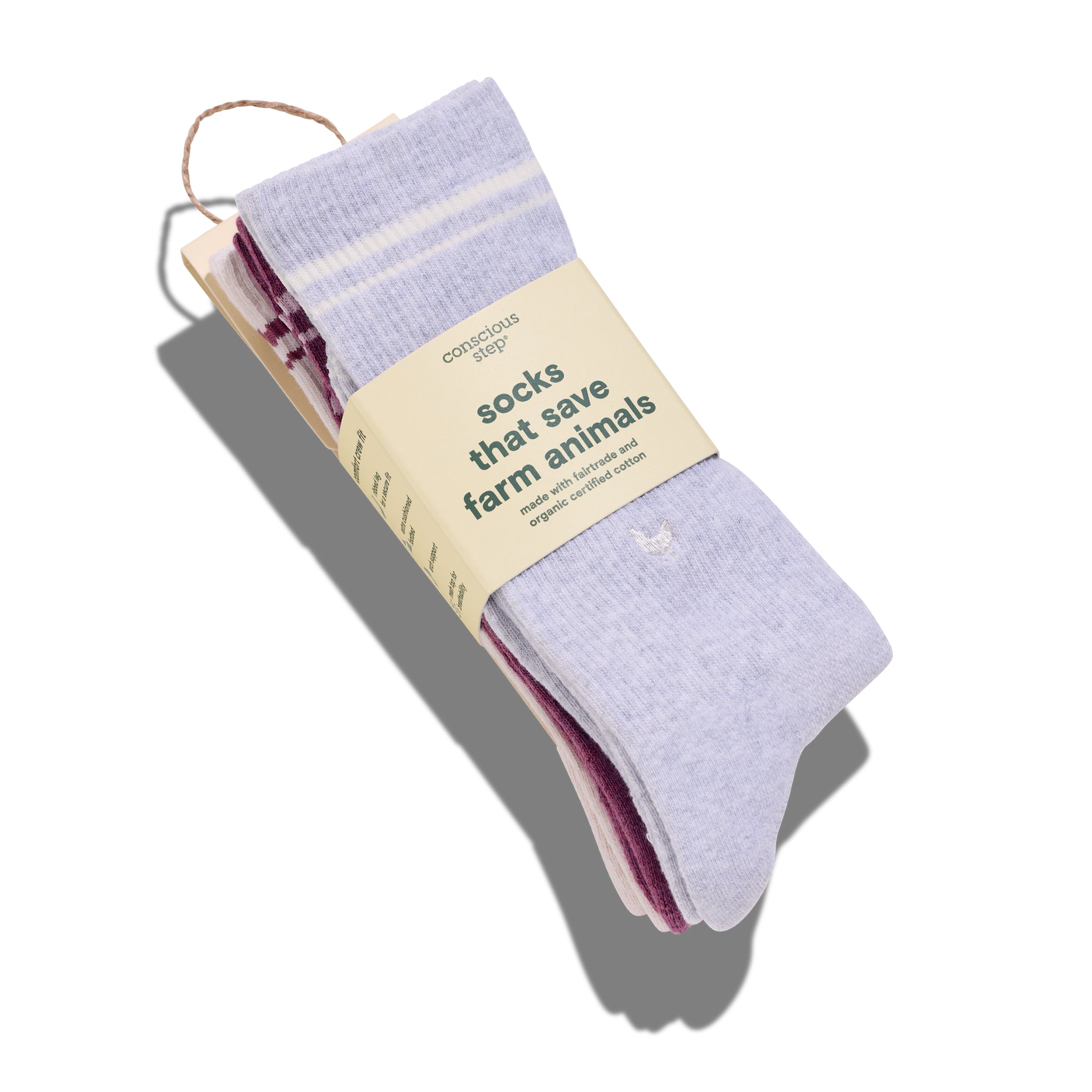 Comfort Crew Socks that Save Farm Animals — ribbed organic cotton crew socks in beige, gray & plum