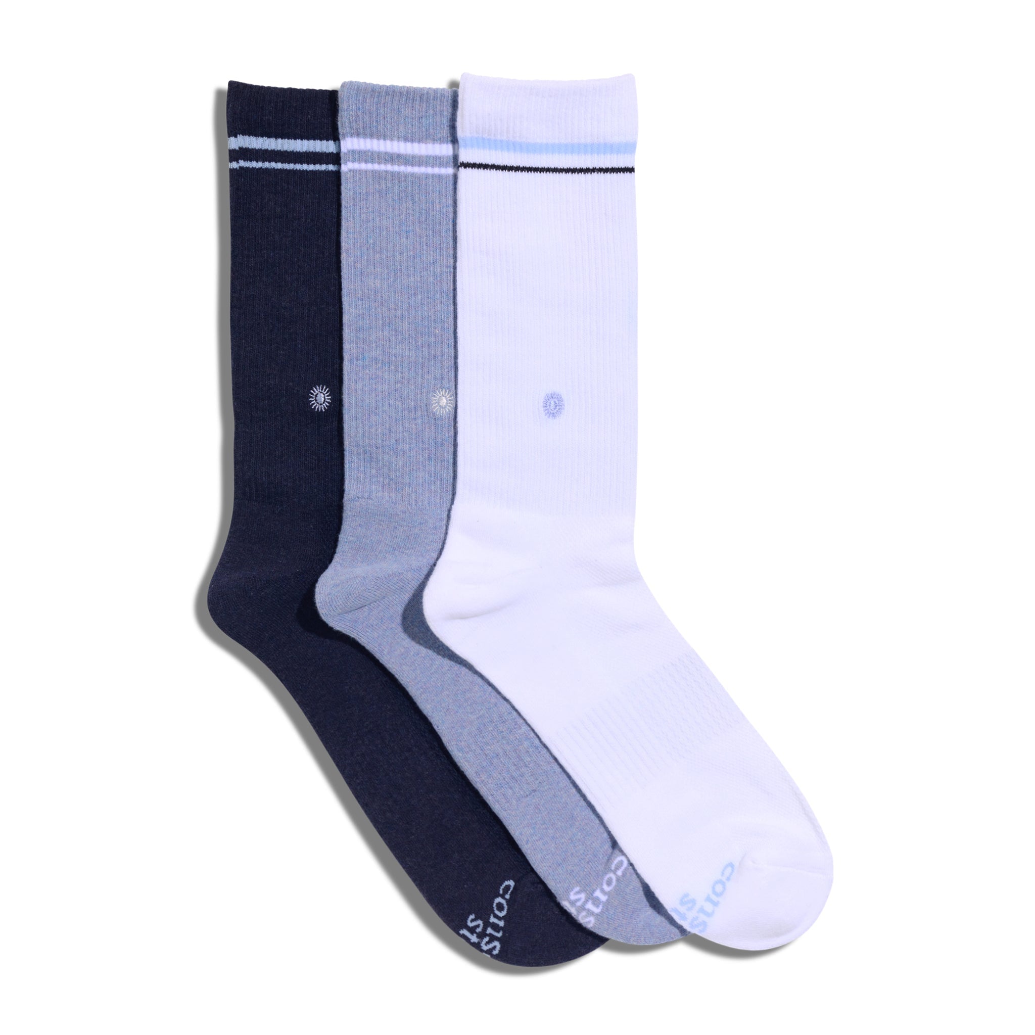 Comfort Crew Socks that Support Mental Health — ribbed organic cotton crew socks, white/blue/navy, supports NAMI