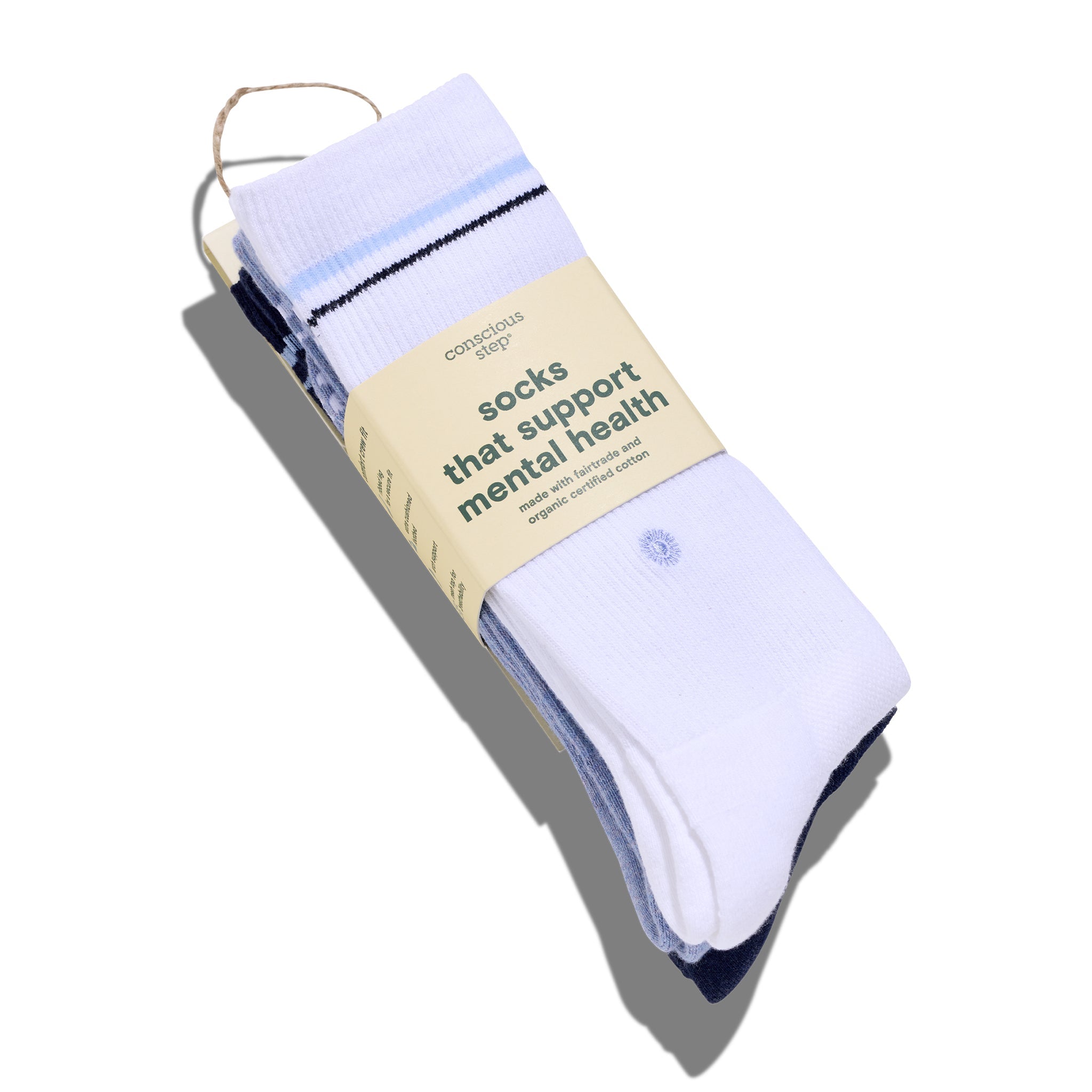 Comfort Crew Socks that Support Mental Health — ribbed organic cotton crew socks, white/blue/navy, supports NAMI