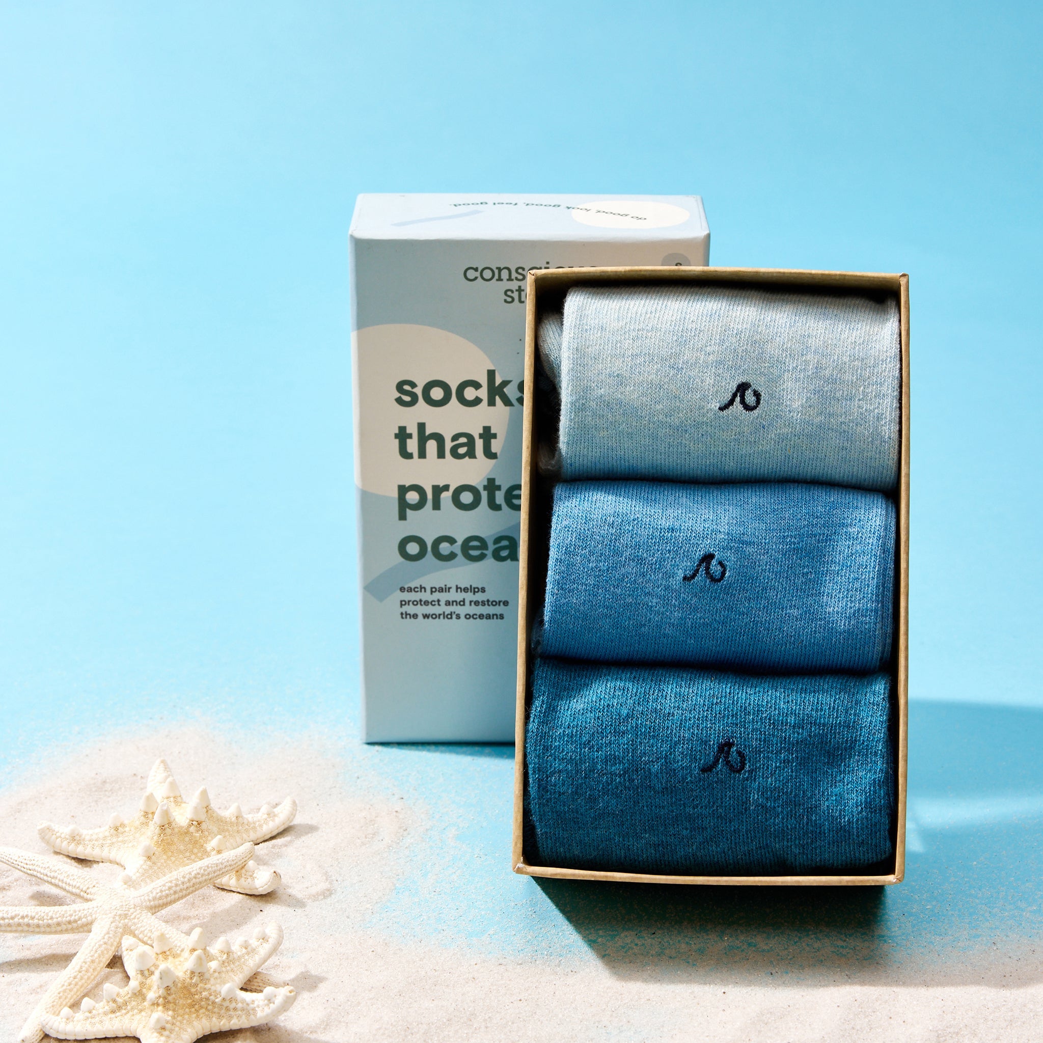 Socks that Protect Oceans 3-pack — organic cotton socks in ocean blues, wave embroidery