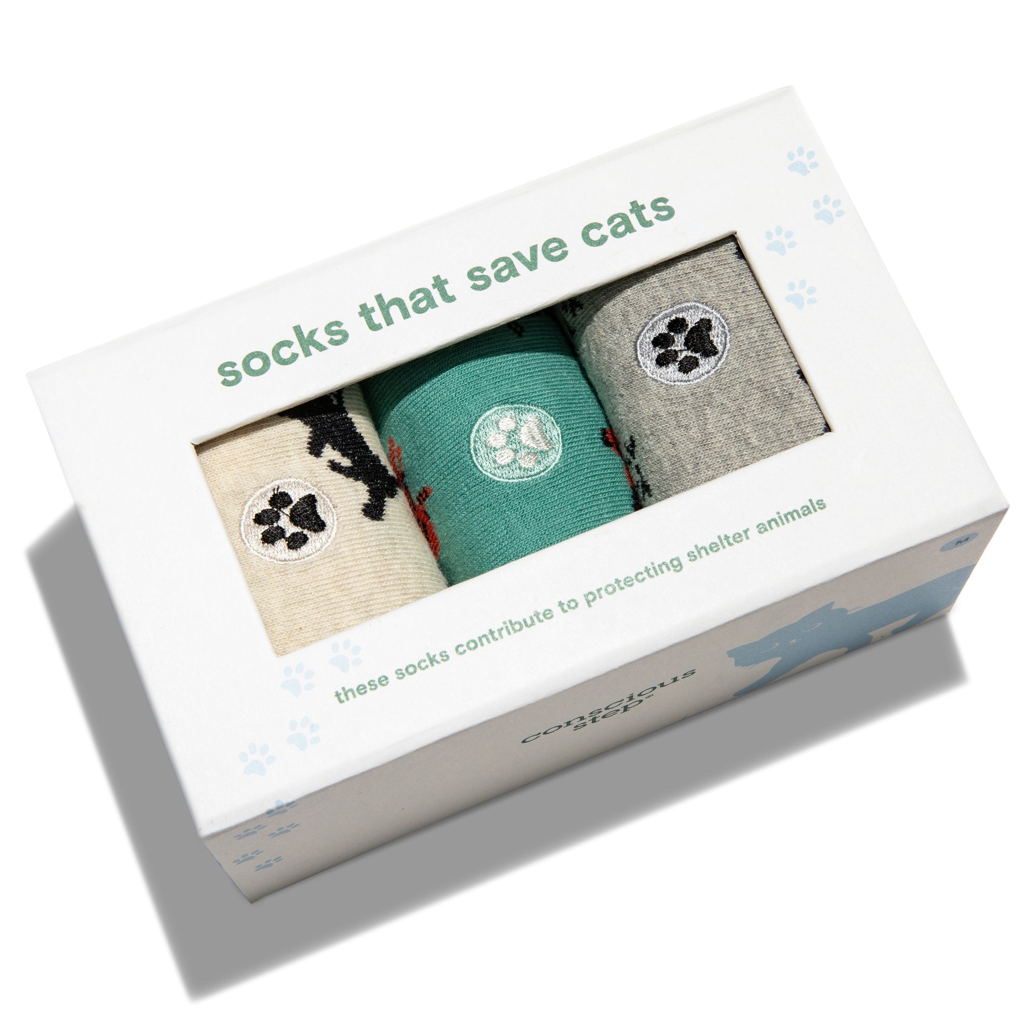 Save Cats Gift Box — organic cotton crew socks in green, gray & cream, gives back