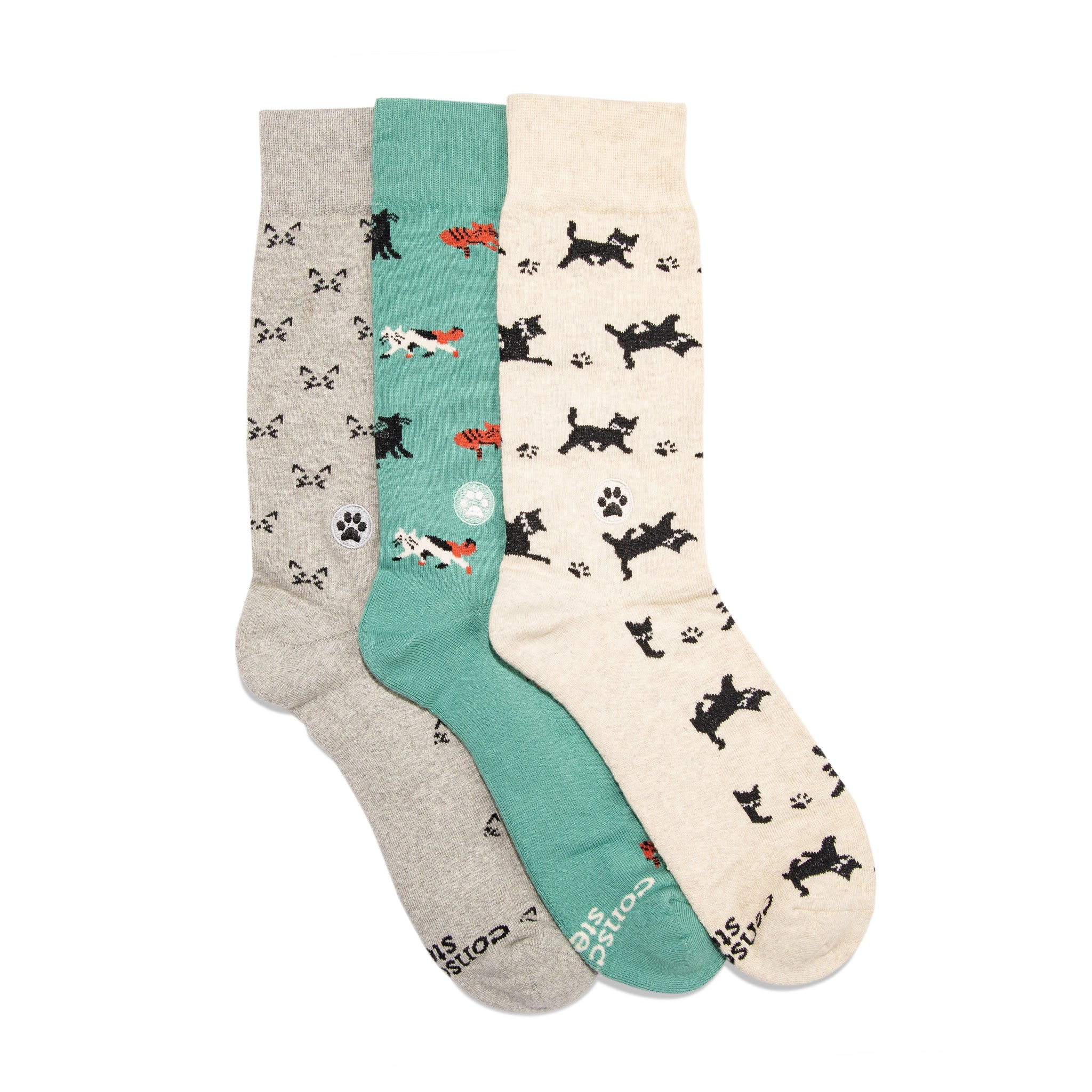 Save Cats Gift Box — organic cotton crew socks in green, gray & cream, gives back