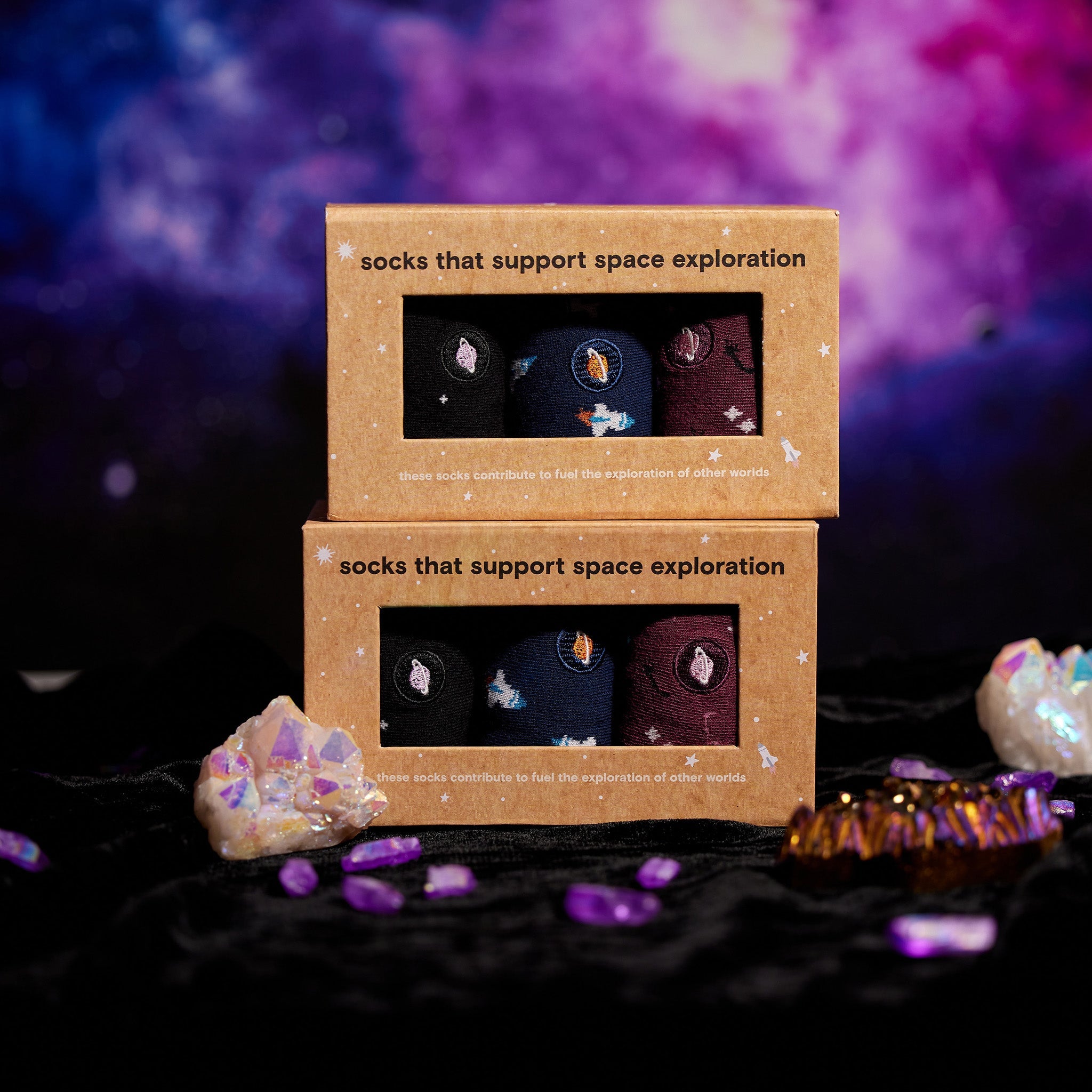 Support Space Exploration Gift Box — organic cotton crew socks: rocket, constellation & galaxy