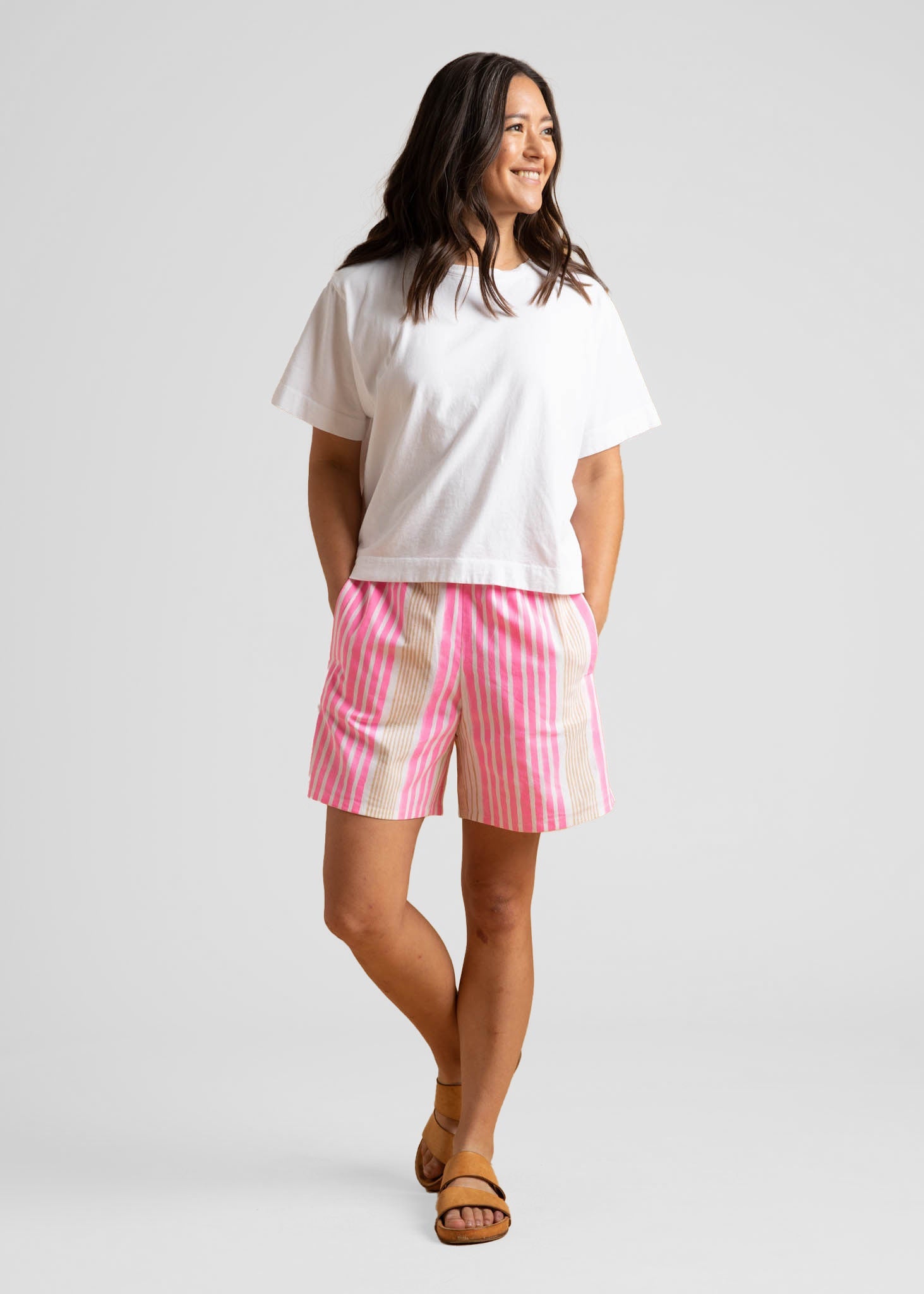 Shore Shorts - Mixed Up Stripe - Baked Clay & Neon Pink