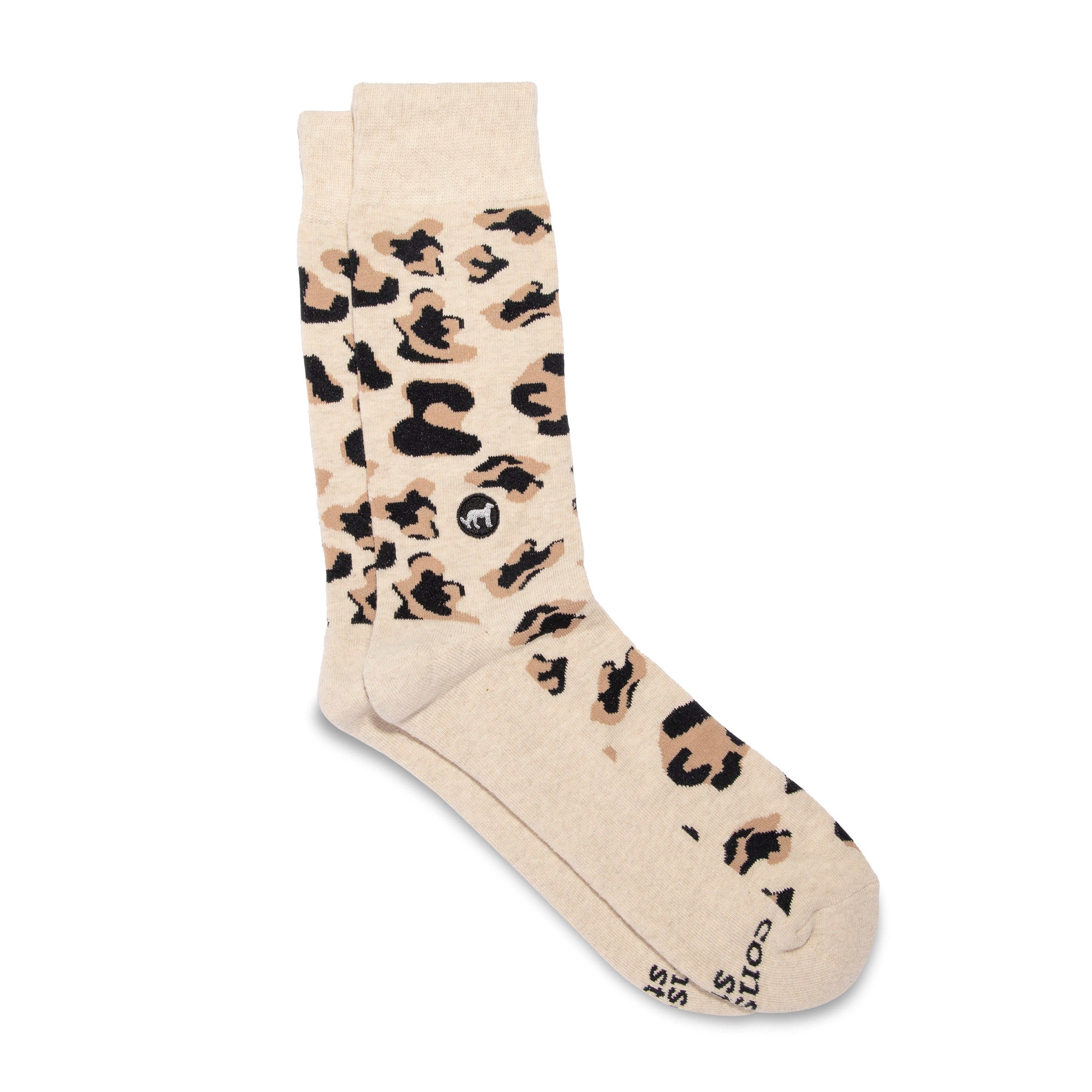 Socks that Protect Wildlife by Conscious Step — beige and black leopard-print organic cotton crew socks