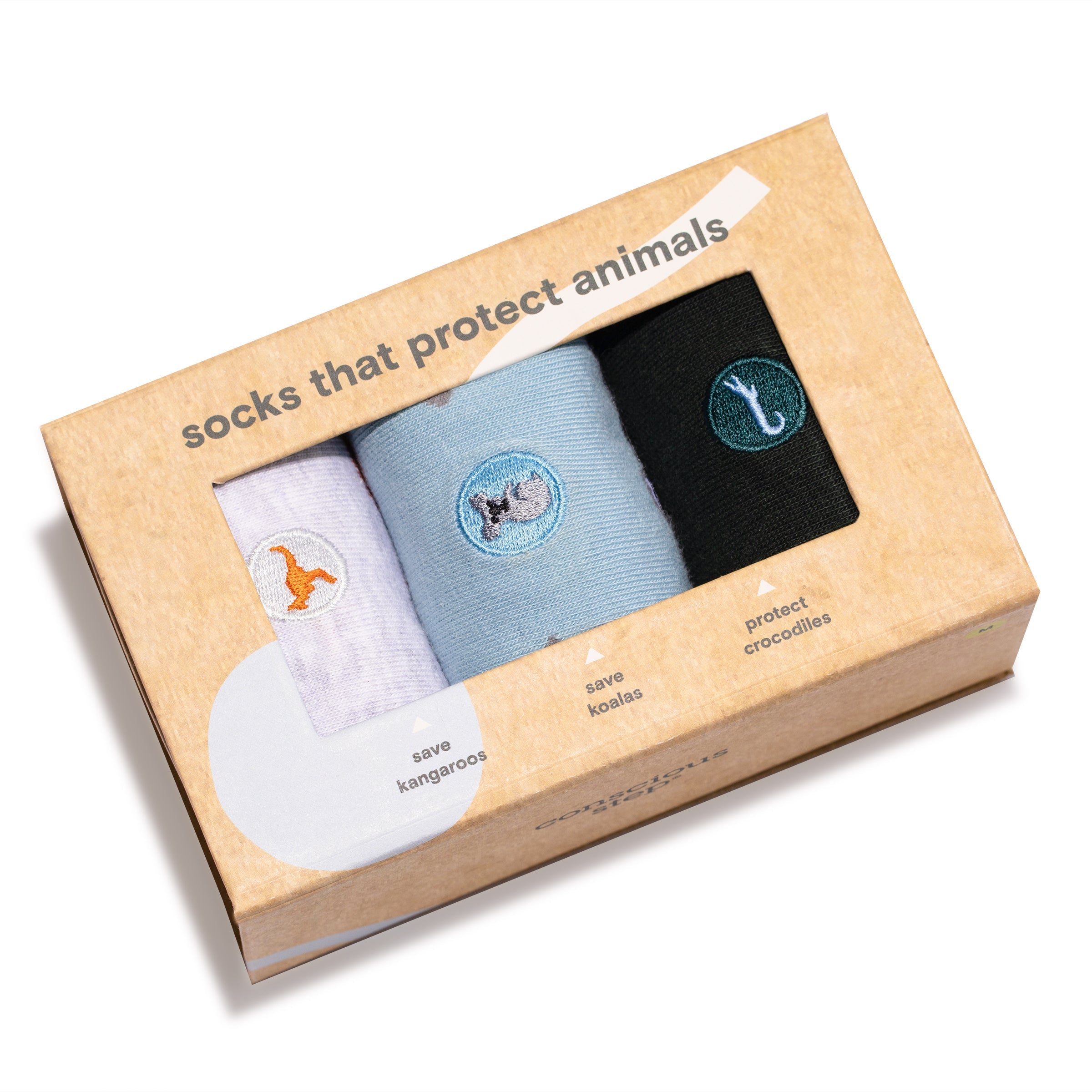 Protect Animals Gift Box — organic cotton crew socks: kangaroos, crocodiles & koalas, gives back