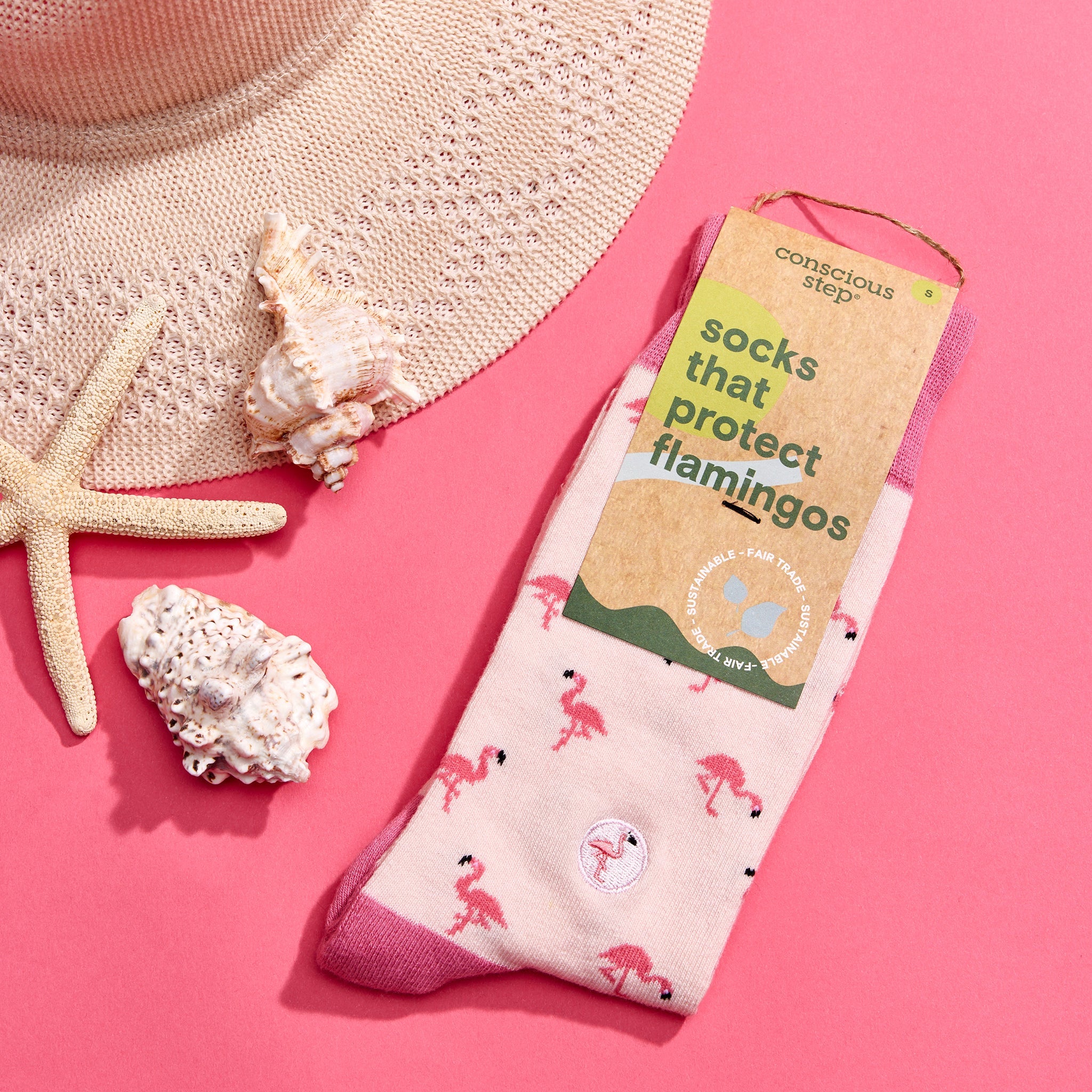 Socks that Protect Flamingos by Conscious Step — pink flamingo organic cotton crew socks