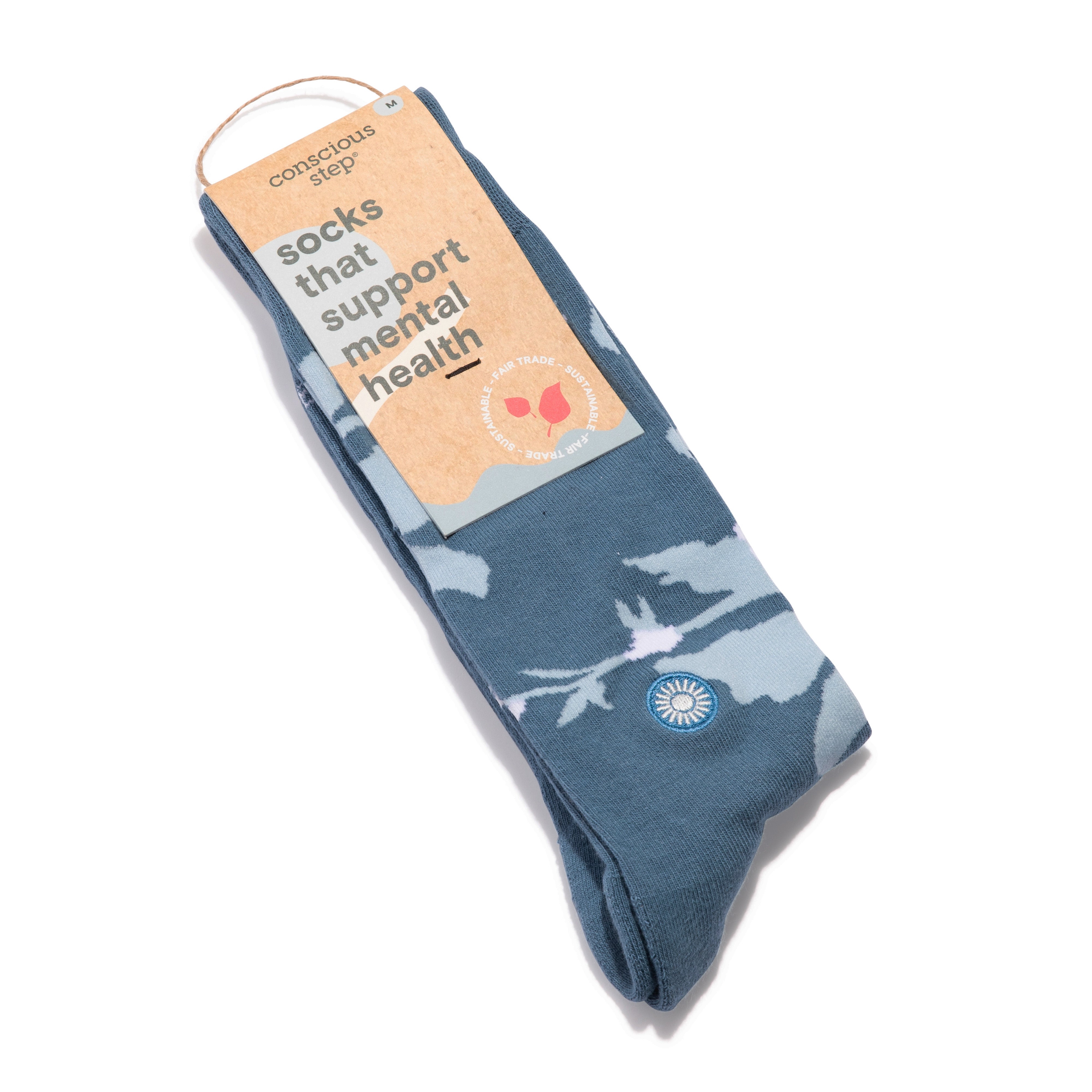 Blue and white floral organic cotton crew socks with sunshine embroidery — Conscious Step