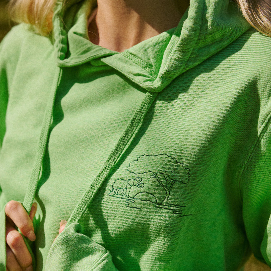 Vibrant green organic cotton elephant hoodie — Conscious Step