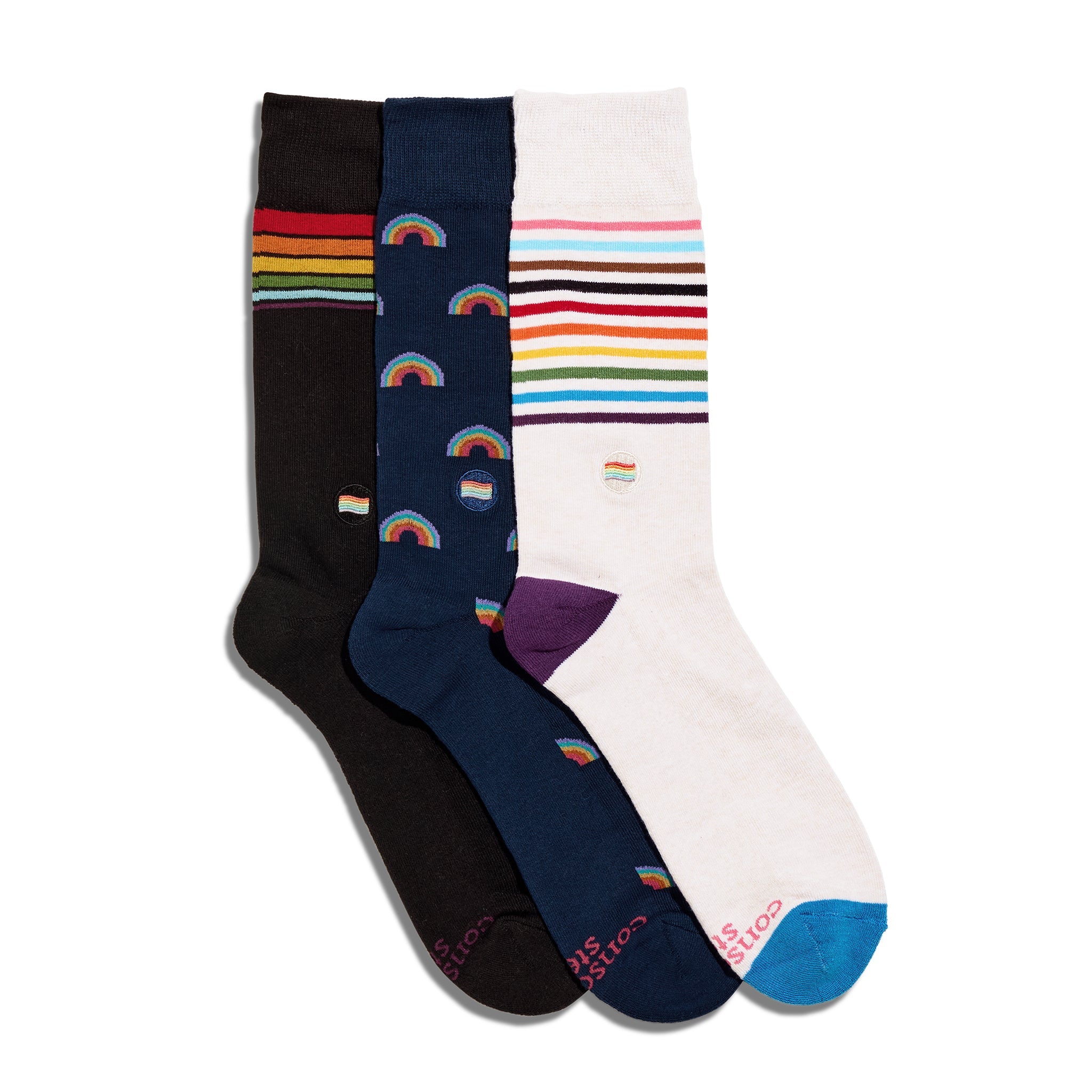 Save LGBTQ Lives Gift Box — organic cotton crew socks with rainbows & rainbow stripes, gives back